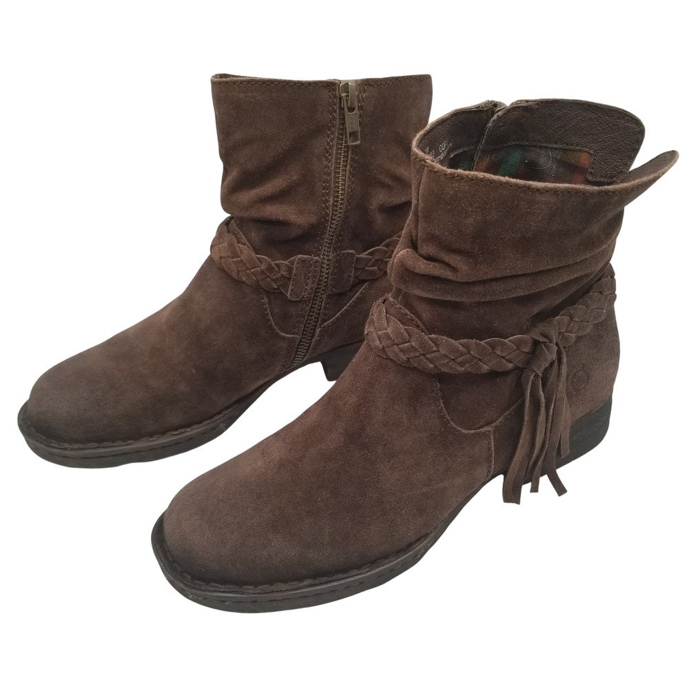 Born Womens Brown Suede Slouch Ankle Boots Braided Fringe F12423 Size 7M